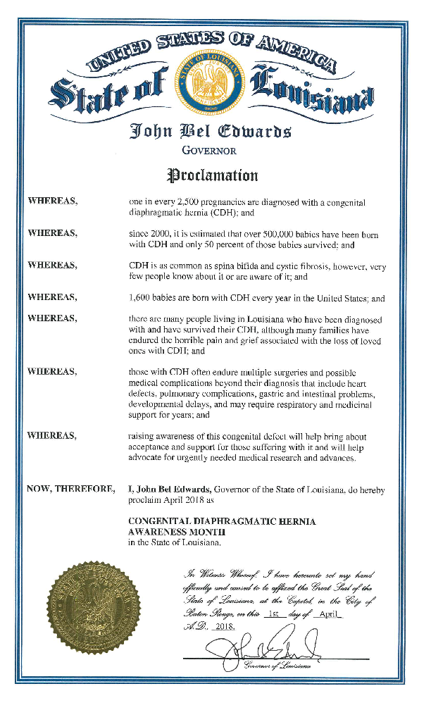 Wisconsin Proclaims April, 2018 CDH Awareness Month