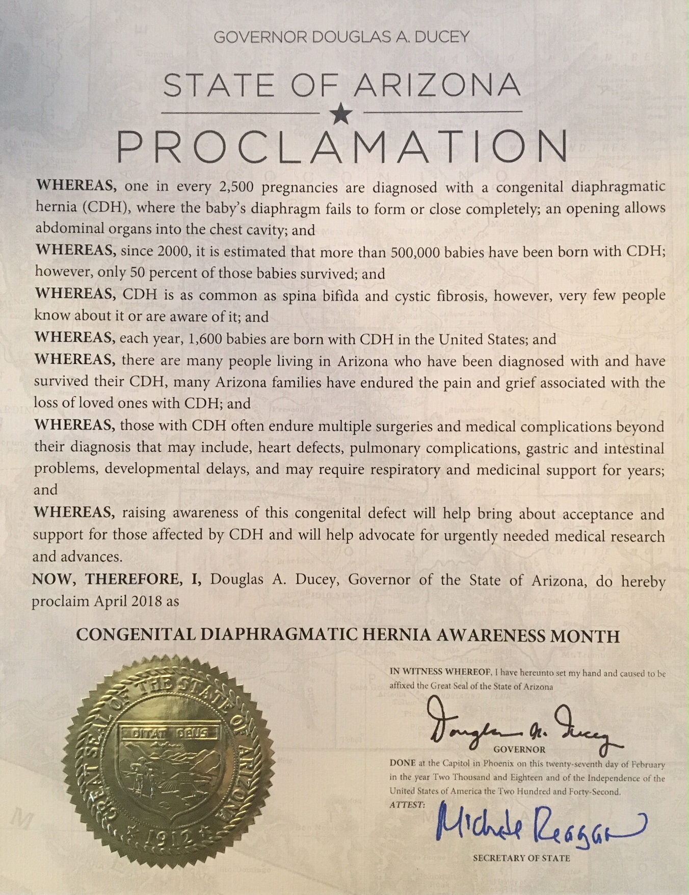 Rhode Island Proclaims April, 2018 CDH Awareness Month