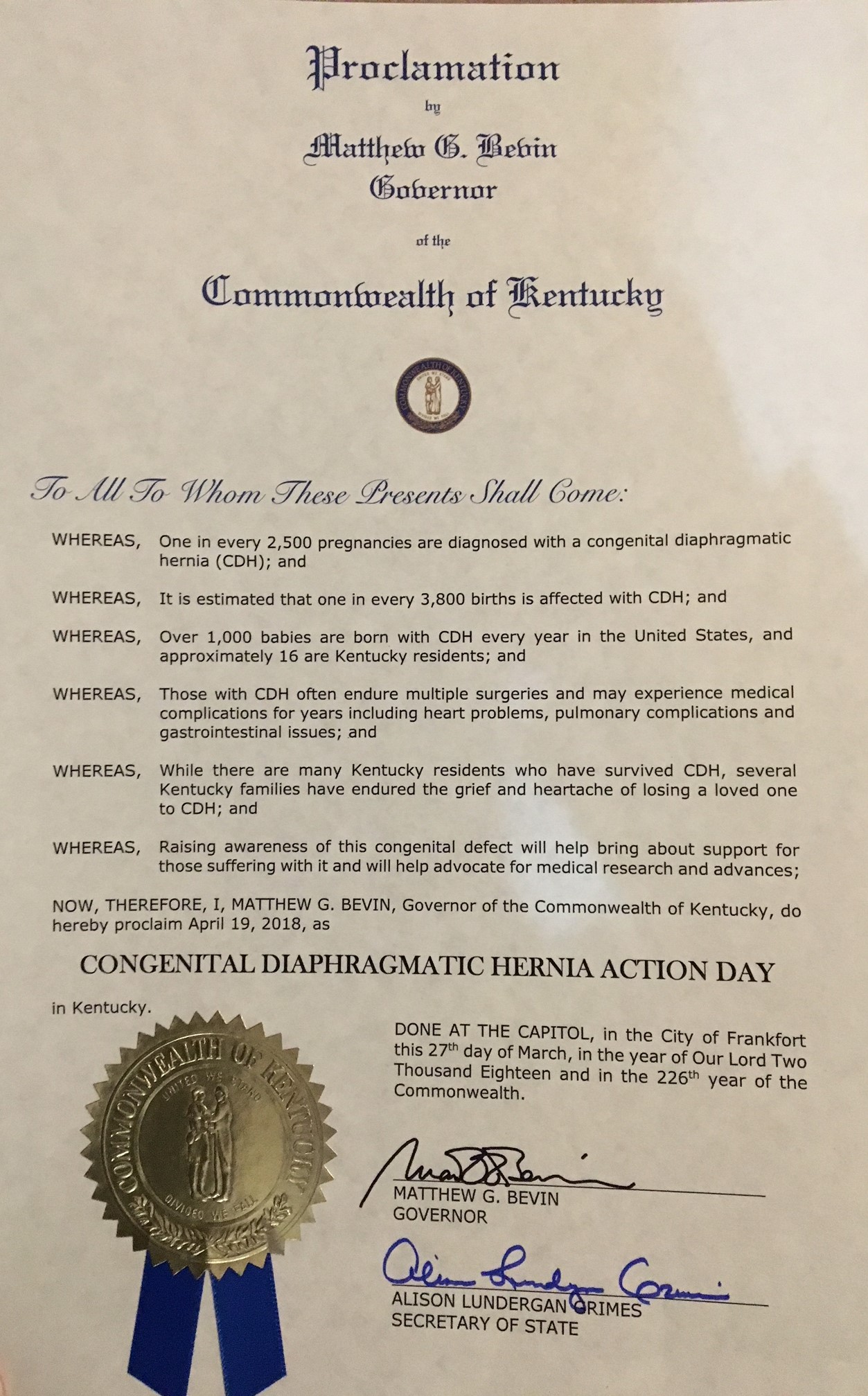West Virginia Recognizes April, 2018 as CDH Awareness Month