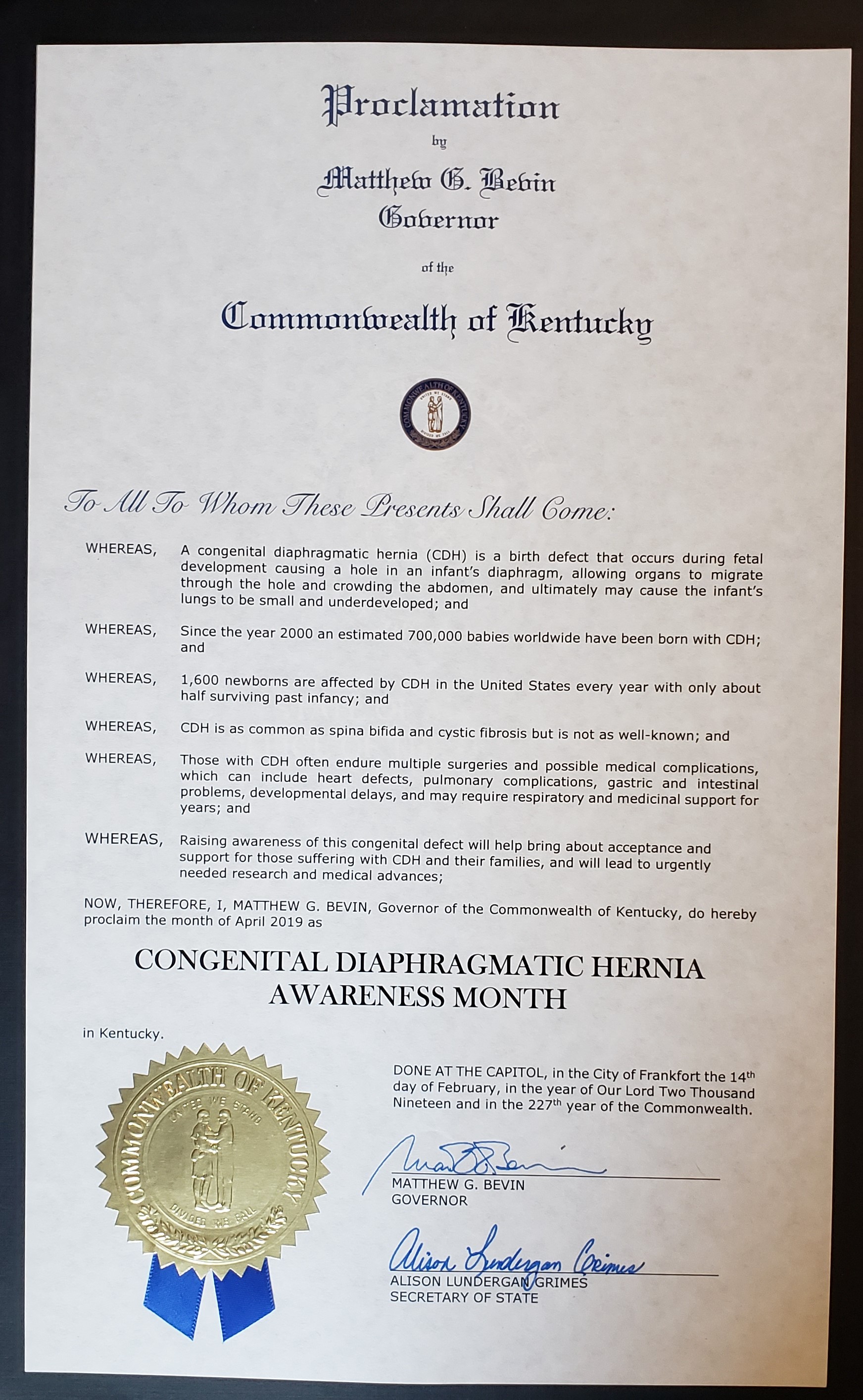 Mississippi Proclaims April 2019 CDH Awareness Month