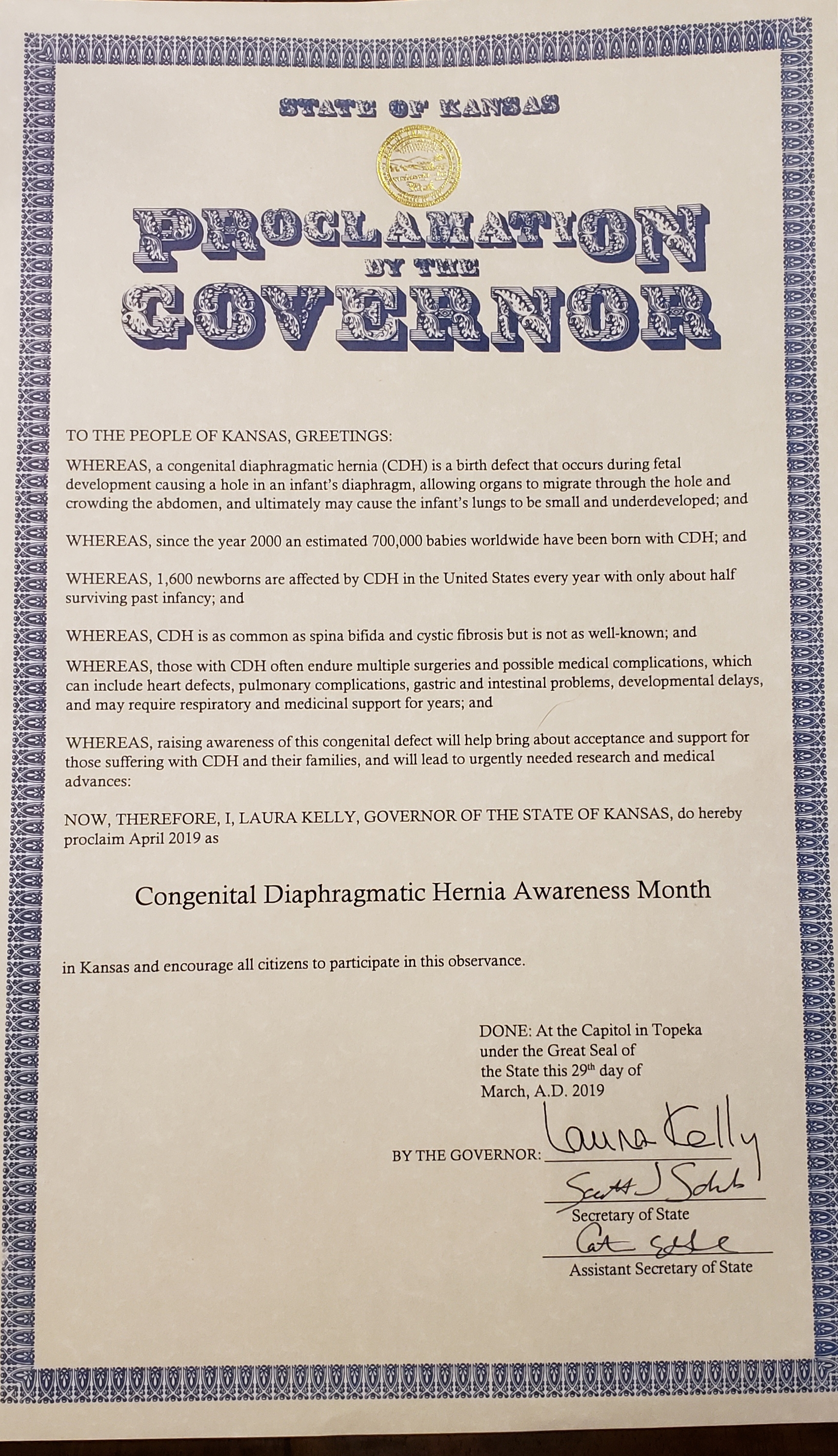 Vermont Proclaims April 2019 CDH Awareness Month