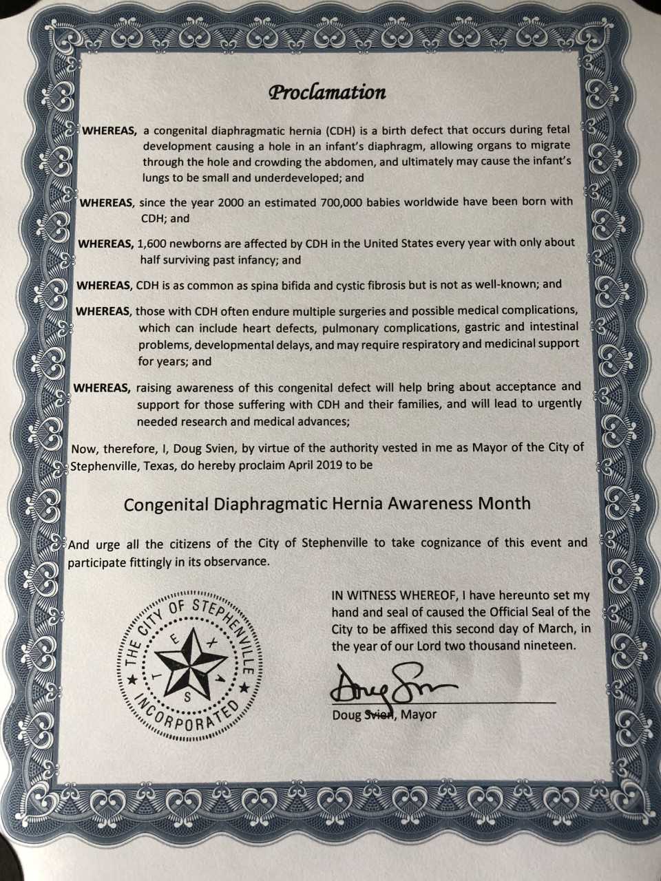Hawaii Proclaims April 2019 CDH Awareness Month