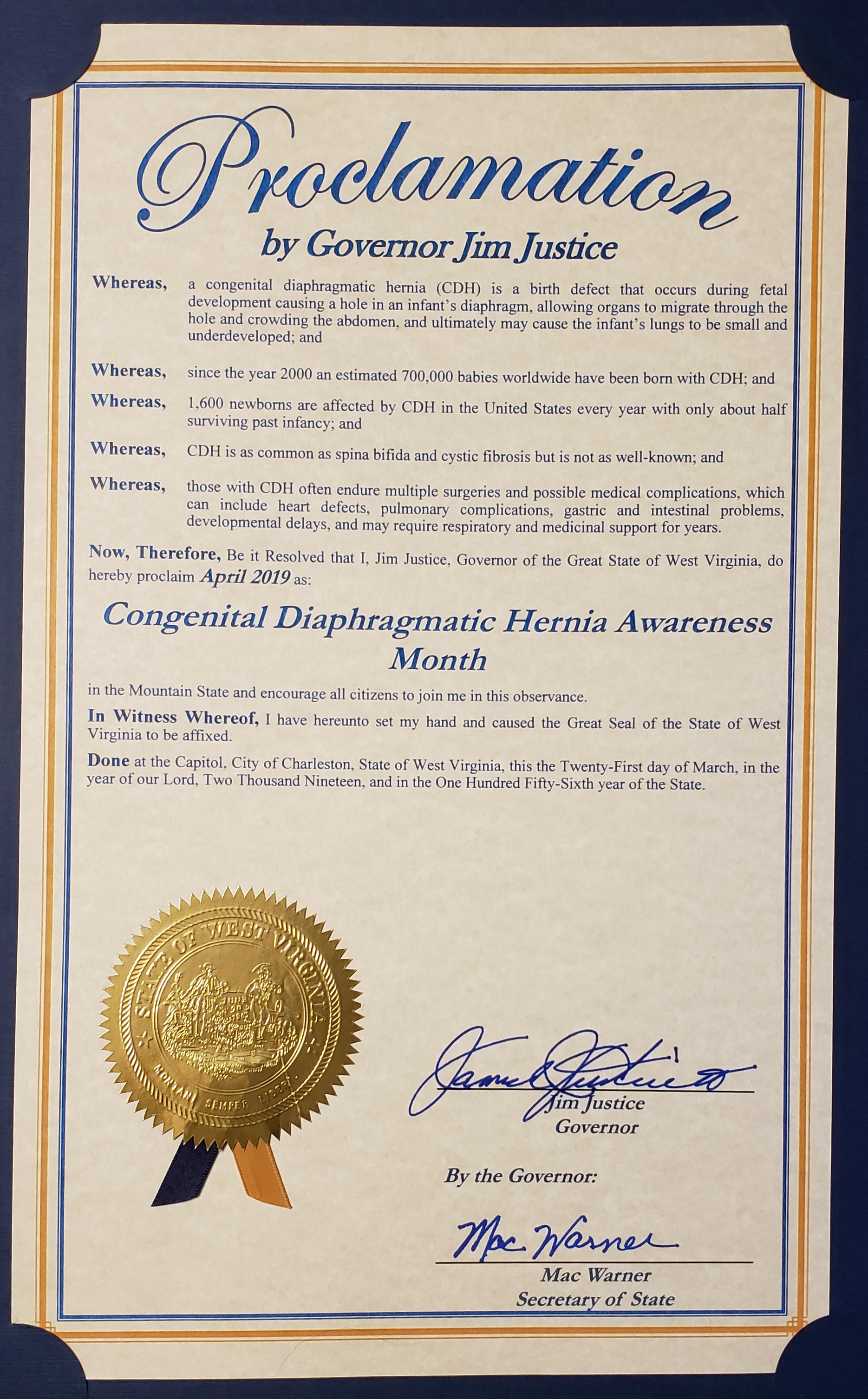 Maine Proclaims April 2019 CDH Awareness Month