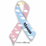 Pastel pink and blue awareness ribbon with a cloud pattern; the name 'Mason' is printed along the blue strand, and www.cdhi.org appears at the bottom.