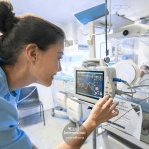 Healthcare worker in blue scrubs adjusts a bedside monitor showing heart rate and graphs in a neonatal ICU (NICU).