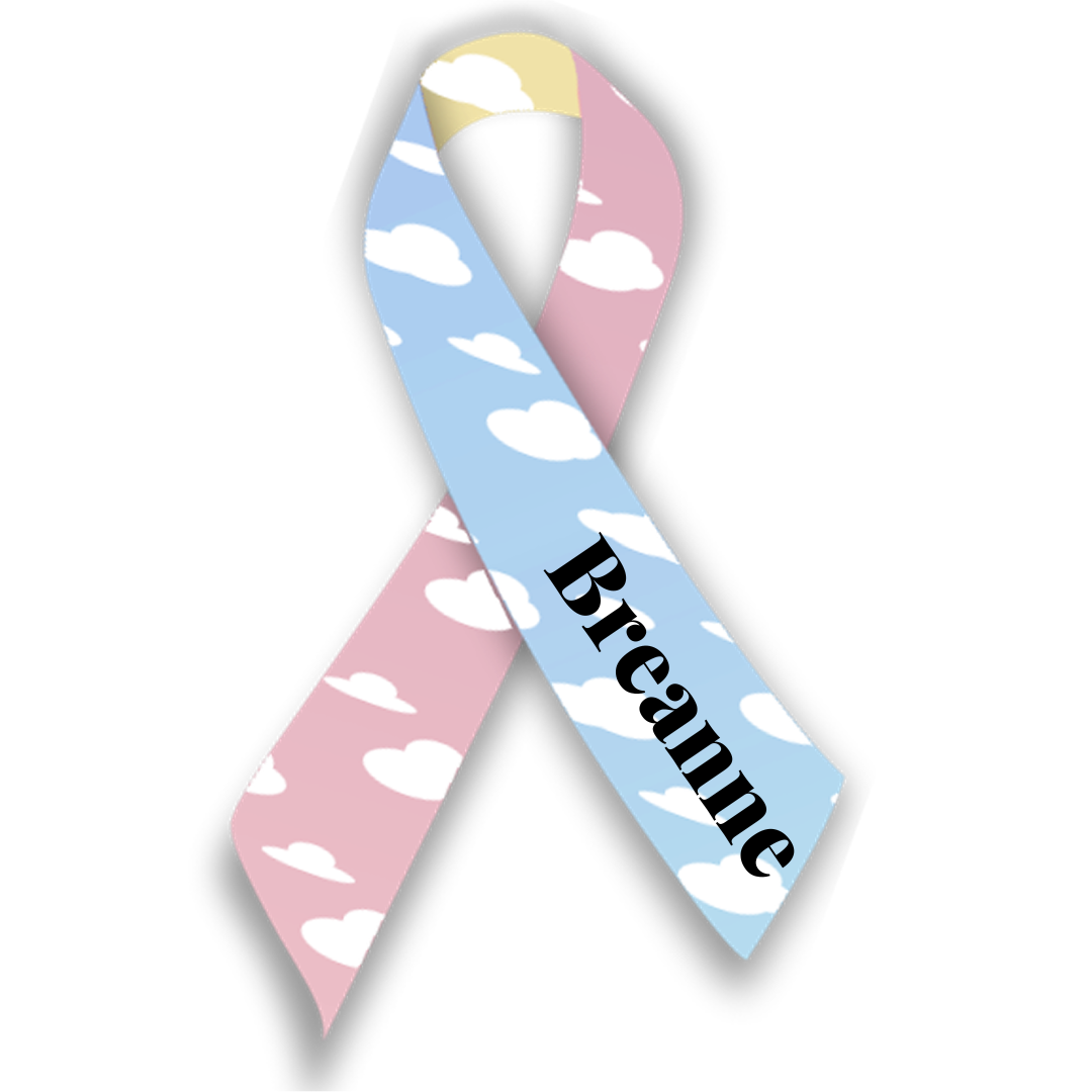 Pastel pink and blue awareness ribbon with cloud pattern and the name Breanne along the blue strand.