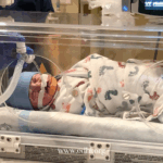 Newborn baby in a neonatal incubator wearing a blue cap, connected to breathing tubes and monitoring equipment.
