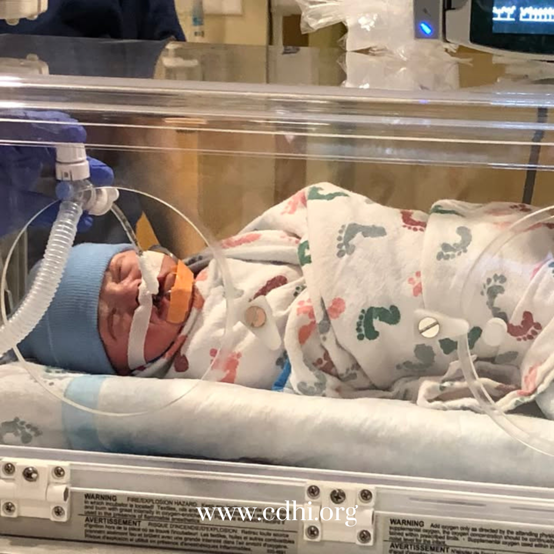 Newborn baby in a neonatal incubator wearing a blue cap, connected to breathing tubes and monitoring equipment.