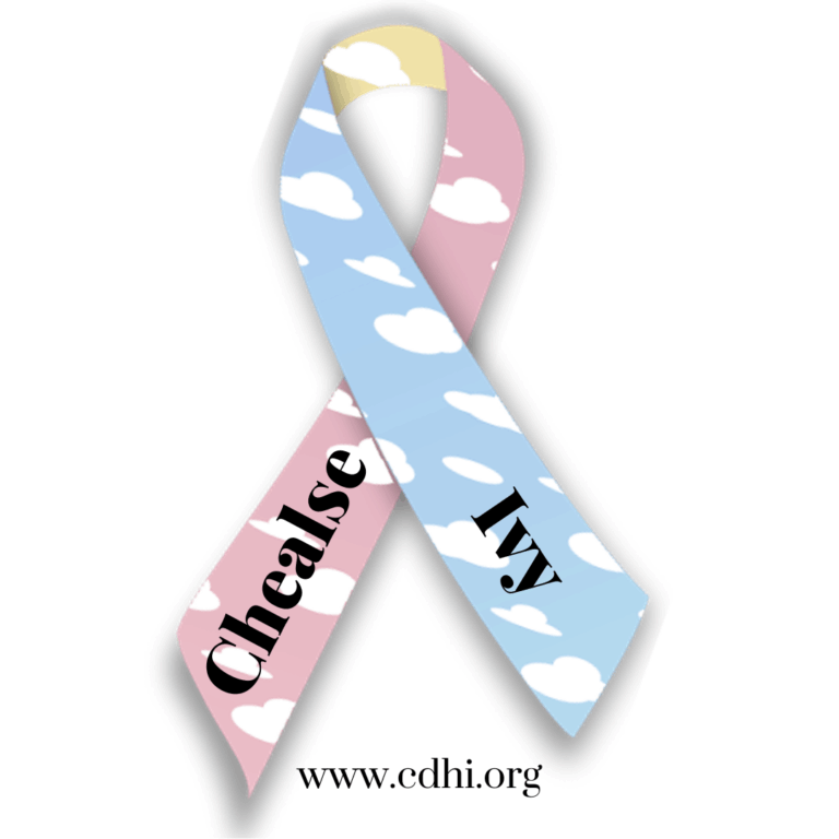 Pastel pink and blue awareness ribbon with cloud pattern and the site www.cdhi.org