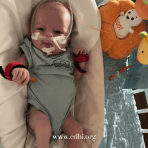 Infant lying in a hospital crib with a nasal tube, bandages, and monitoring wires, wearing a light gray onesie and red wristband, surrounded by plush toys.