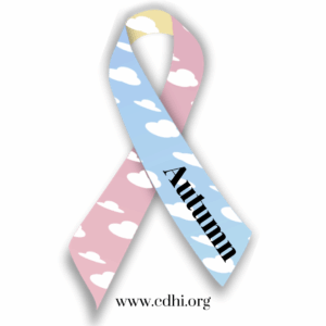 Pastel blue and pink awareness ribbon with cloud patterns, the word 'Autumn' across the blue stripe, and www.cdhi.org at the bottom