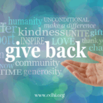 Hand extending toward a large 'give back' word and a cloud of charity-related words on a teal-blue background; includes the URL www.cdhi.org for a charity/volunteer message.