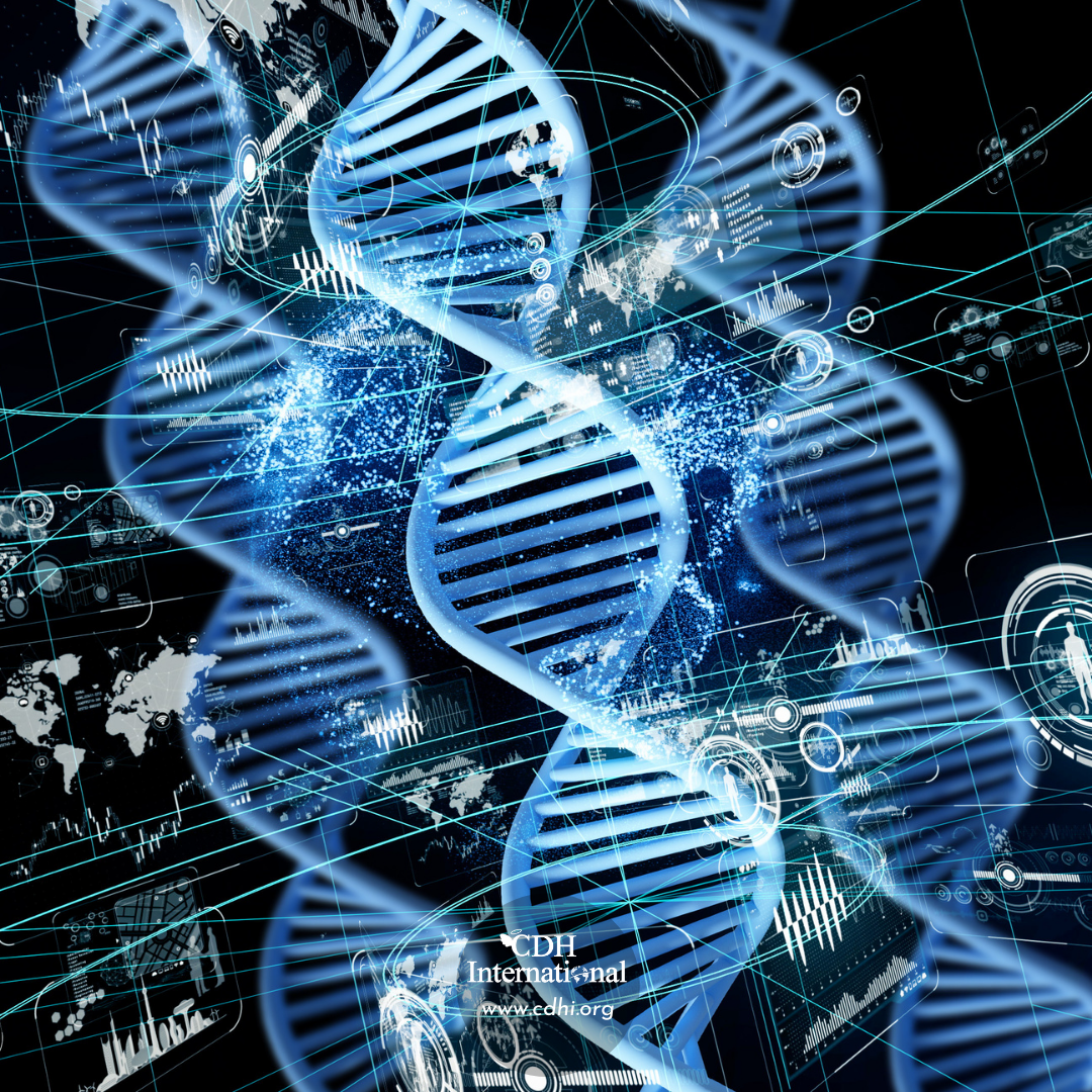 Abstract biotech image: blue DNA double helix with digital data overlays and world map motifs, suggesting genetic research and global analytics (CDH International).